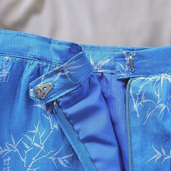 Vtg raw silk blue bamboo print skirt set - Picture 10 of 16